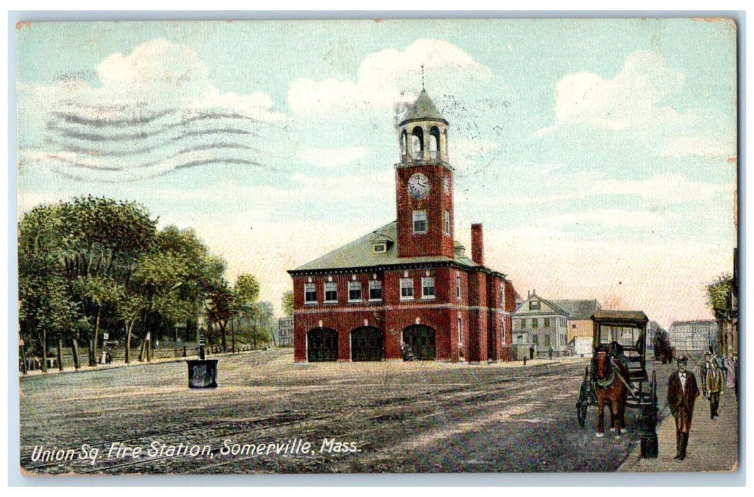 1910 Union Square Fire Station Depot Somerville Massachusetts MA Posted Postcard