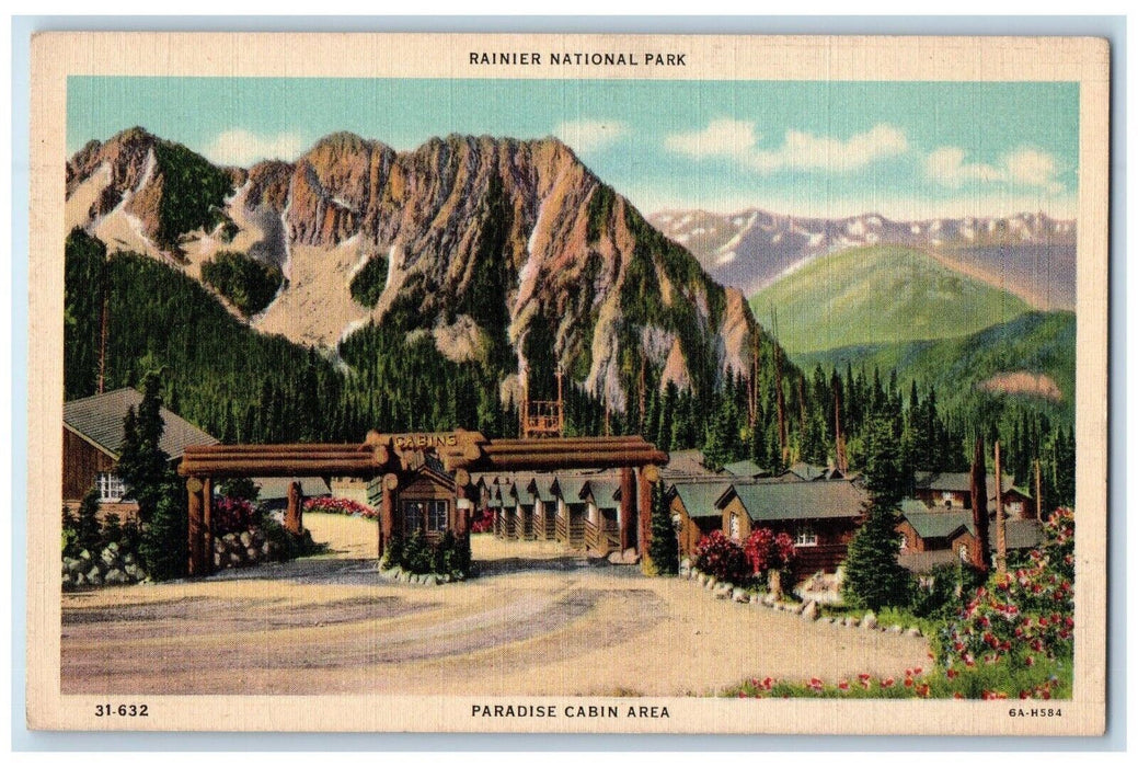 c1930's Rainier National Park WA, Entrance To Paradise Cabin Area Postcard
