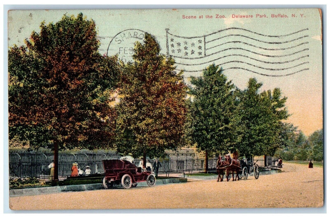 1909 Scene At  The Zoo Delaware Park Car Horse Carriage Buffalo NY Postcard