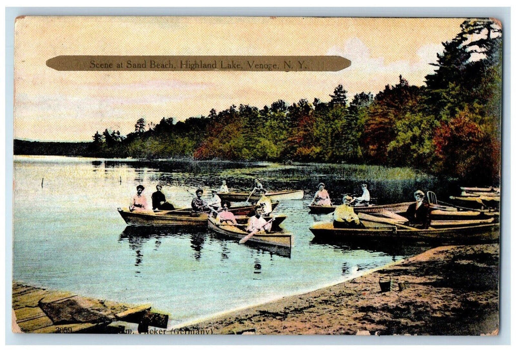 c1910's Scene At Sand Beach Highland Lake Boat Canoe Venoge New York NY Postcard