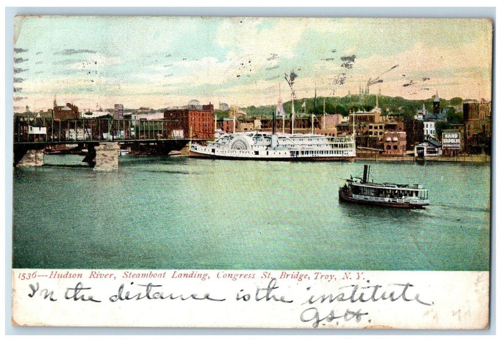 1906 Hudson River Steamboat Landing Congress St. Bridge Troy NY Antique Postcard