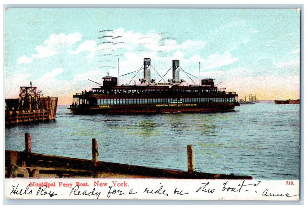 1907 Municipal Ferry Boat City of New York NY Posted Antique Postcard