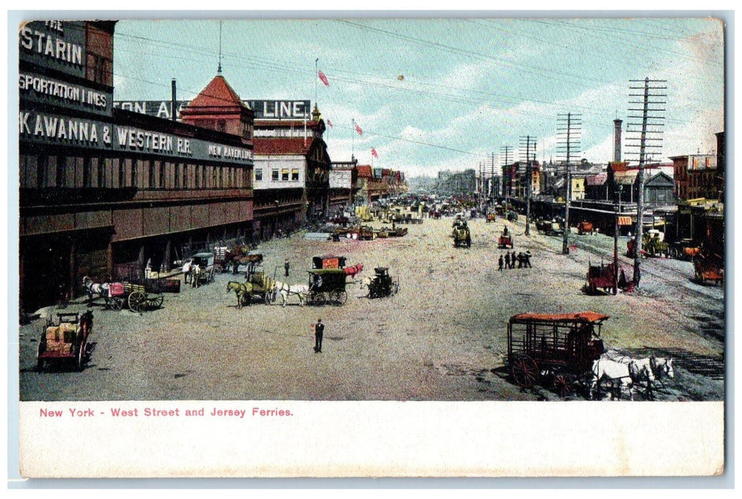 c1910 Horse Carriage Railroad West Street and Jersey Ferries NY Postcard