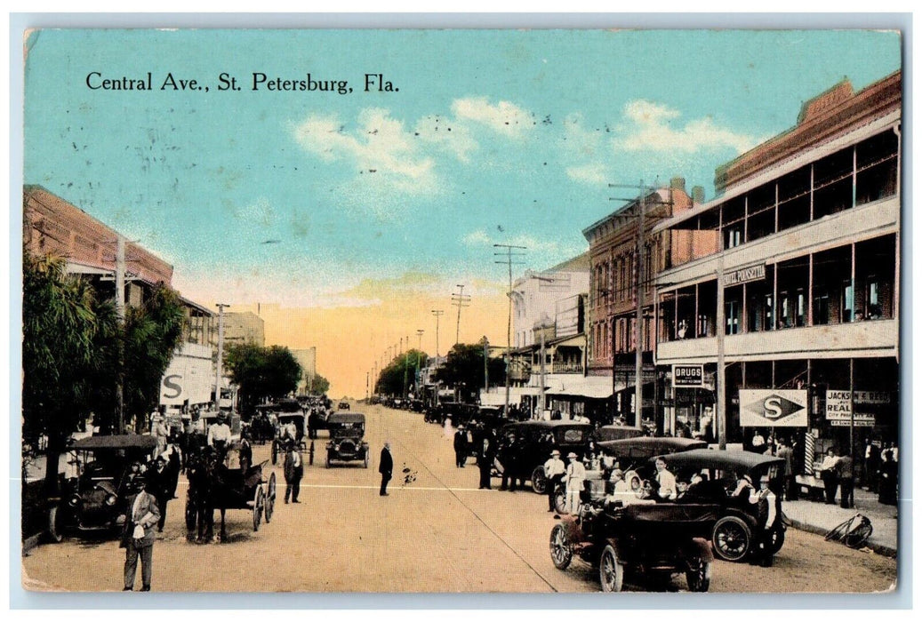 1914 Central Avenue Cars View St. Petersburg Florida FL Posted Antique Postcard