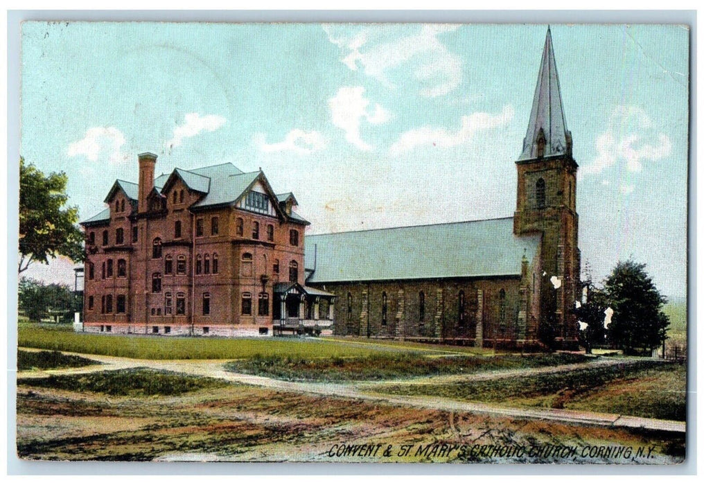 1912 Convent & St. Mary's Catholic Church Corning New York NY Rotograph Postcard
