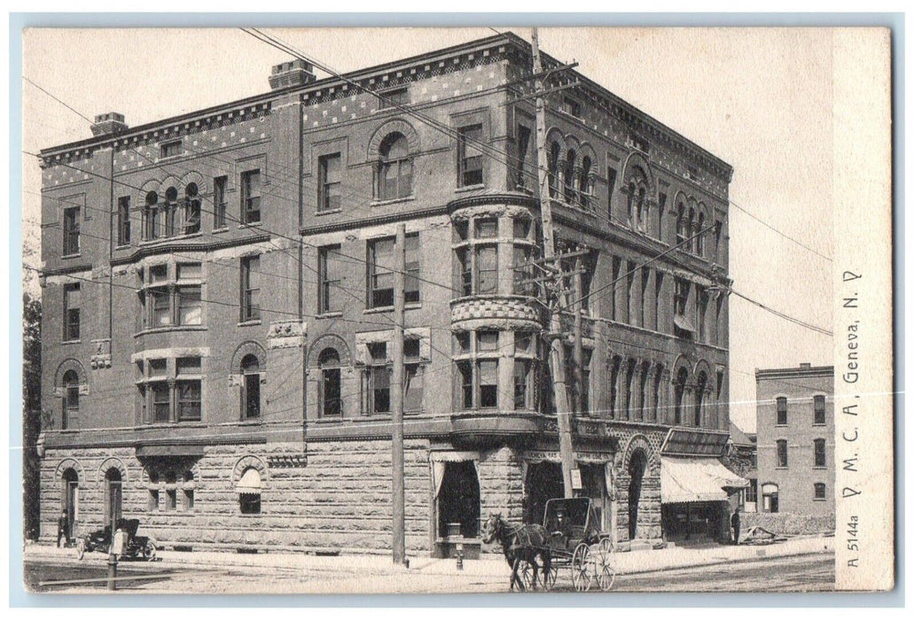 1907 Y. M. C. A. Building Street View Horse Carriage Geneva New York NY Postcard
