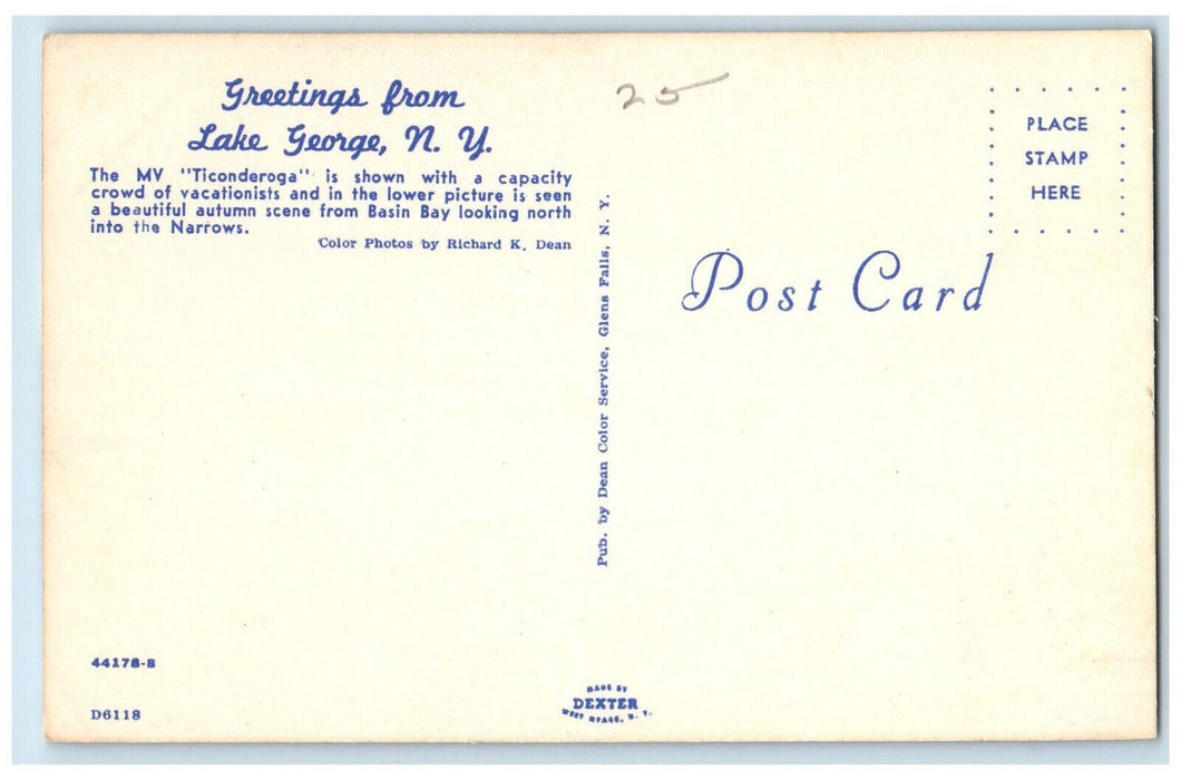 c1960's Ticonderoga Steamboat Greetings from Lake George NY Multiview Postcard