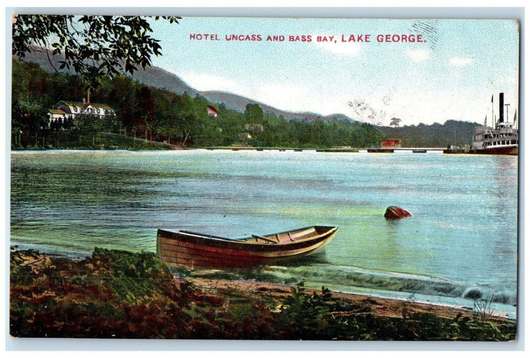 1909 Boat Ship Hotel Uncass Bass Bay Lake George NY Fort Edward NY Postcard