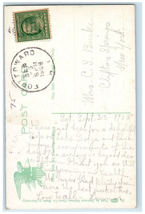 1909 Boat Ship Hotel Uncass Bass Bay Lake George NY Fort Edward NY Postcard