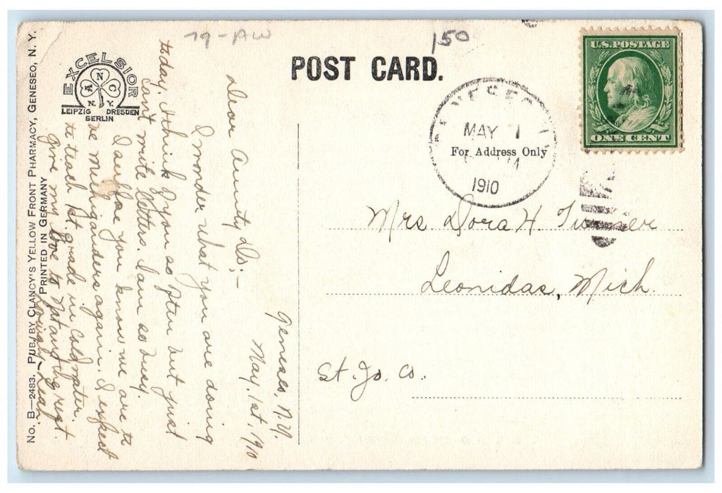 1910 G. S. N. Chapel Interior View Geneseo New York NY Posted Antique Postcard