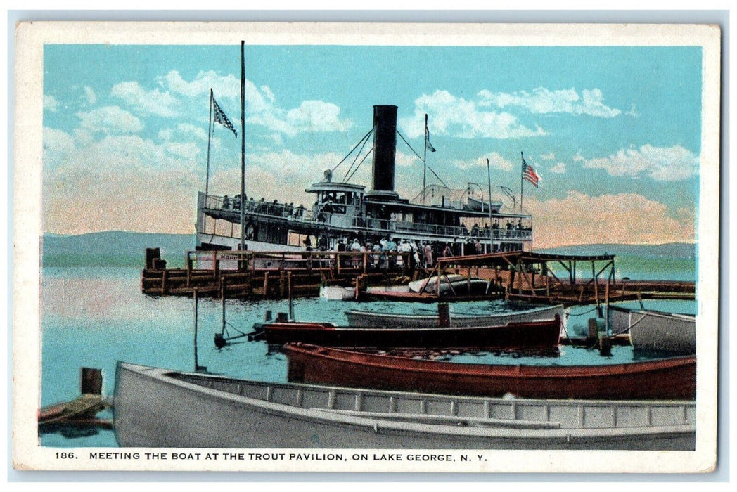 1929 Meeting The Boat at the Trout Pavilion on Lake George NY RPO Postcard