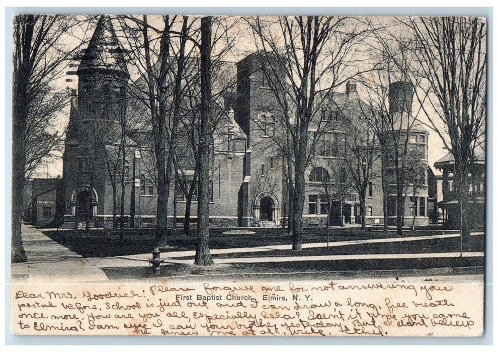 1908 First Baptist Church Front Trees Elmira New York NY Posted Antique Postcard