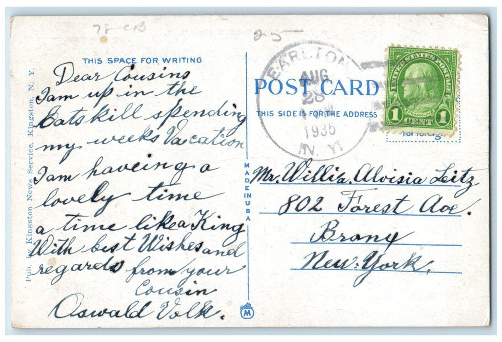 1935 Greetings From Earlton New York NY, Car Beauty Spot Catskill Mts Postcard