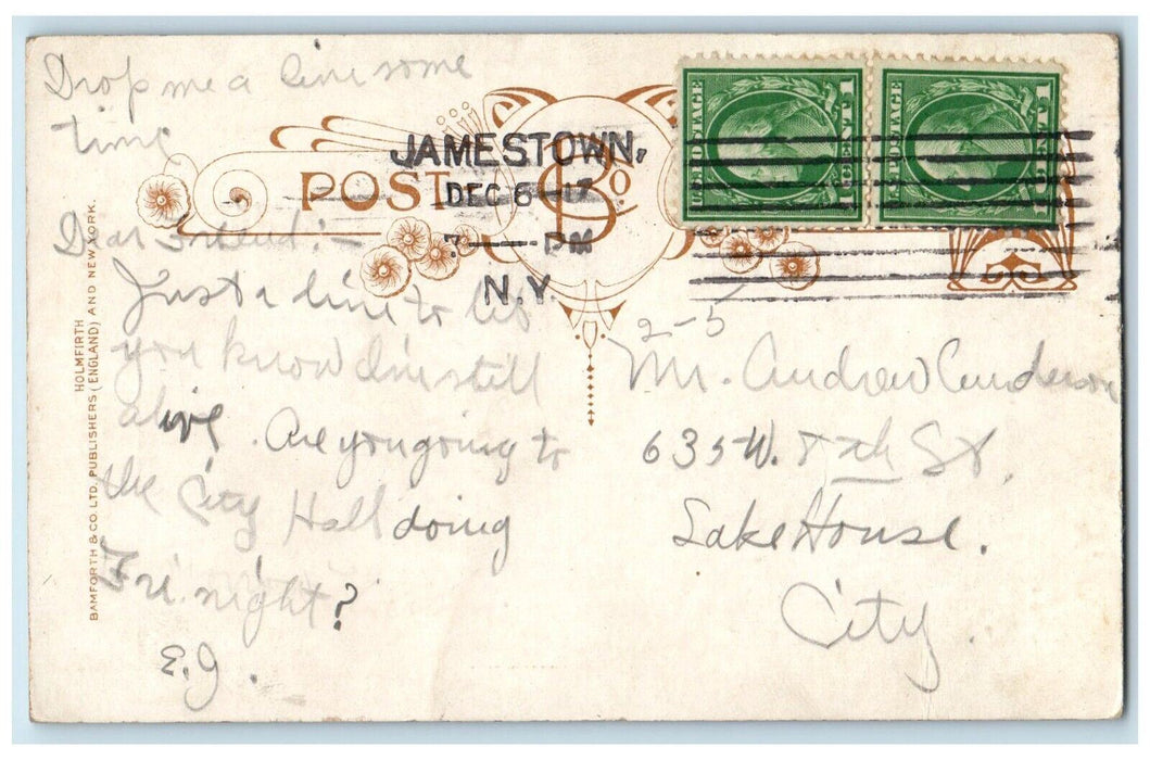1917 Greetings Jamestown NY "I am on the Rocks" Romance Couple Kissing Postcard