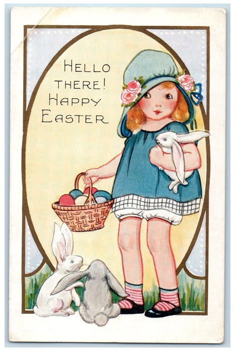 c1920's Easter Cute Little Girl Holding Bunny Rabbit Egg Basket Antique Postcard