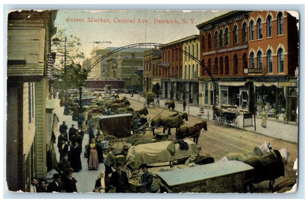 Dunkirk NY, Street Market Central Avenue Horse Carriage Drug Store Postcard