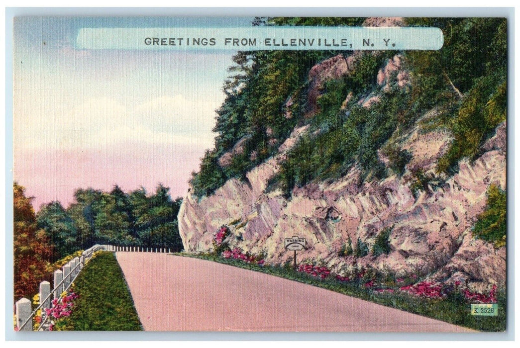 Greetings From Ellenville New York NY, Road Flowers Warning Sign Postcard