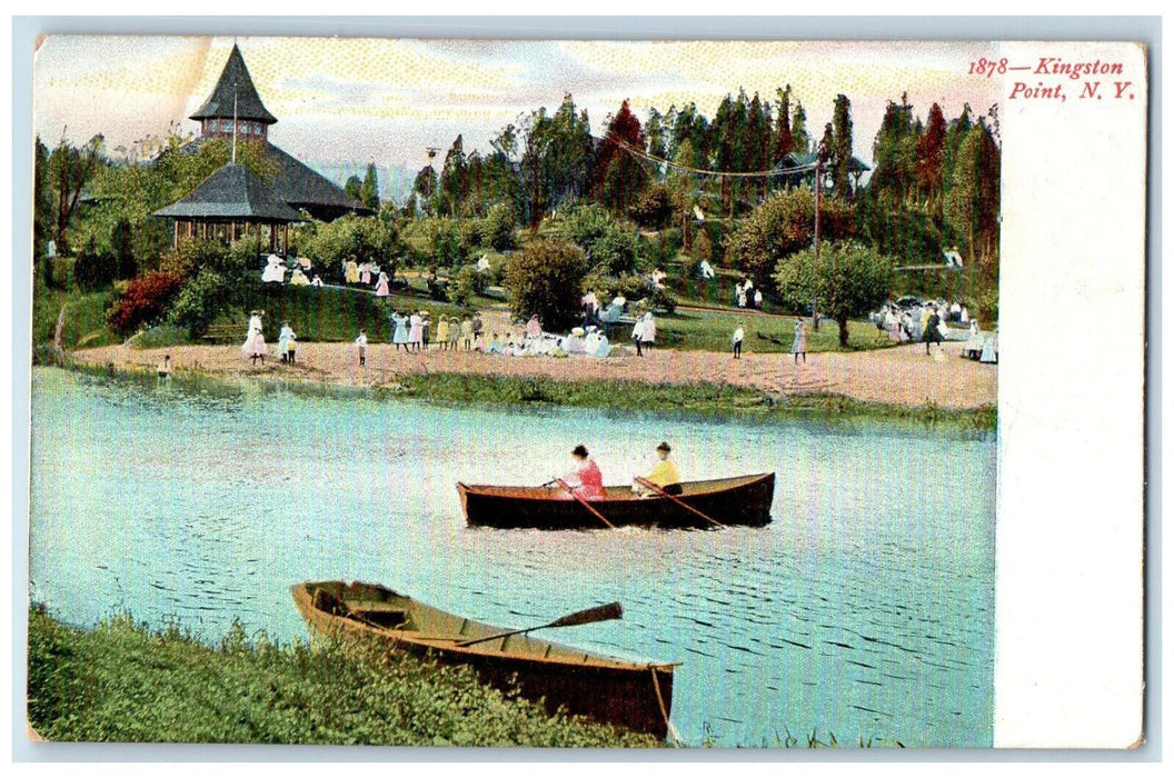 c1905 Boat Canoeing Crowd Scene Kingston Point New York NY Antique Postcard