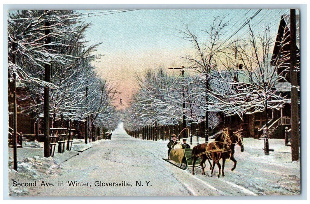 c1910's Second Avenue In Winter Gloversville New York NY, Horse Sleigh Postcard