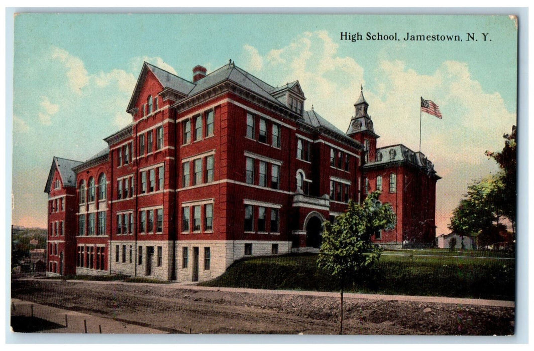 c1910 View from Road High School US Flag Jamestown New York NY Postcard
