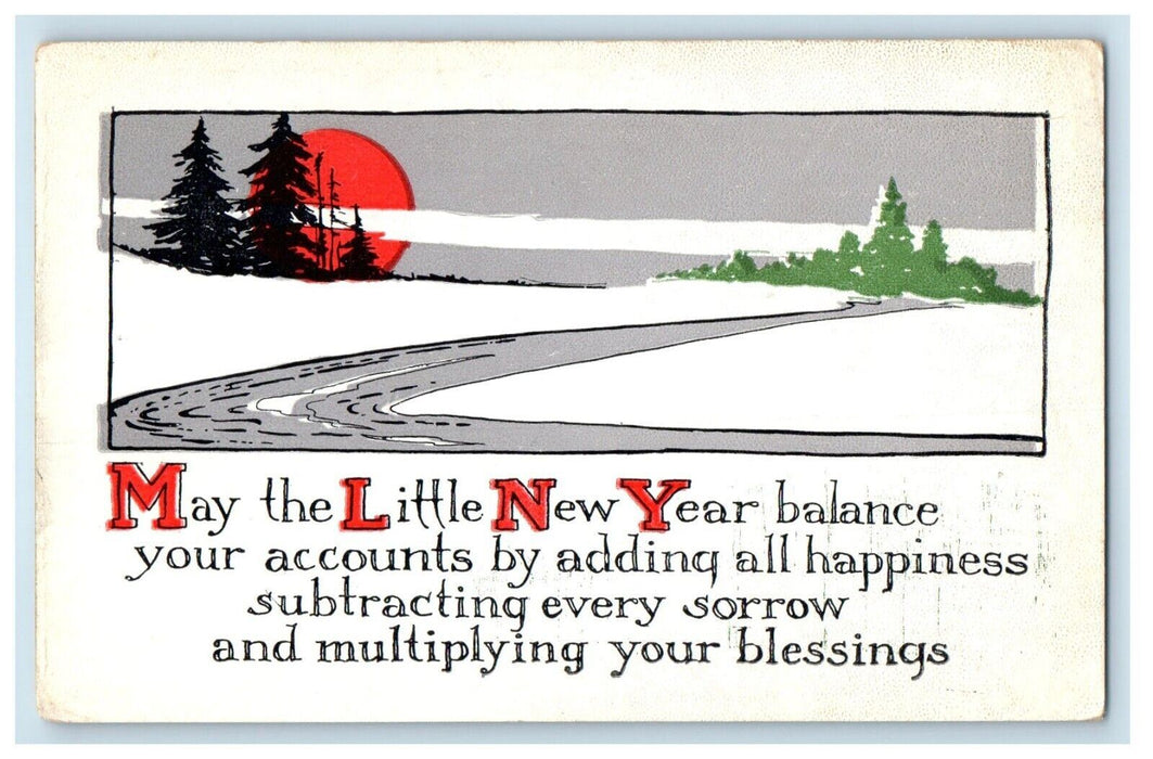 c1910's New Year Arts Crafts Winter Snow Pine Trees Unposted Antique Postcard