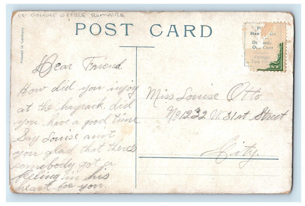 c1910's Doctors Office Romance I have Feeling For You Posted Antique Postcard