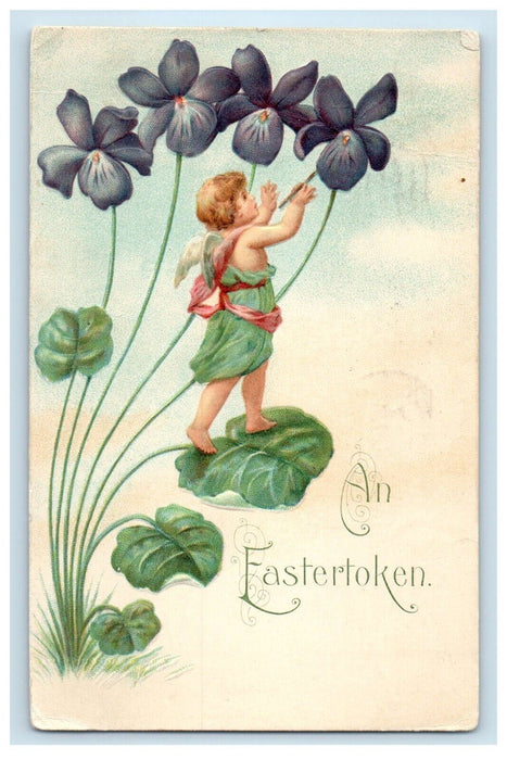 1909 Easter Angel Cherub Pansies Flowers Leaf Kearney Nebraska NE Postcard