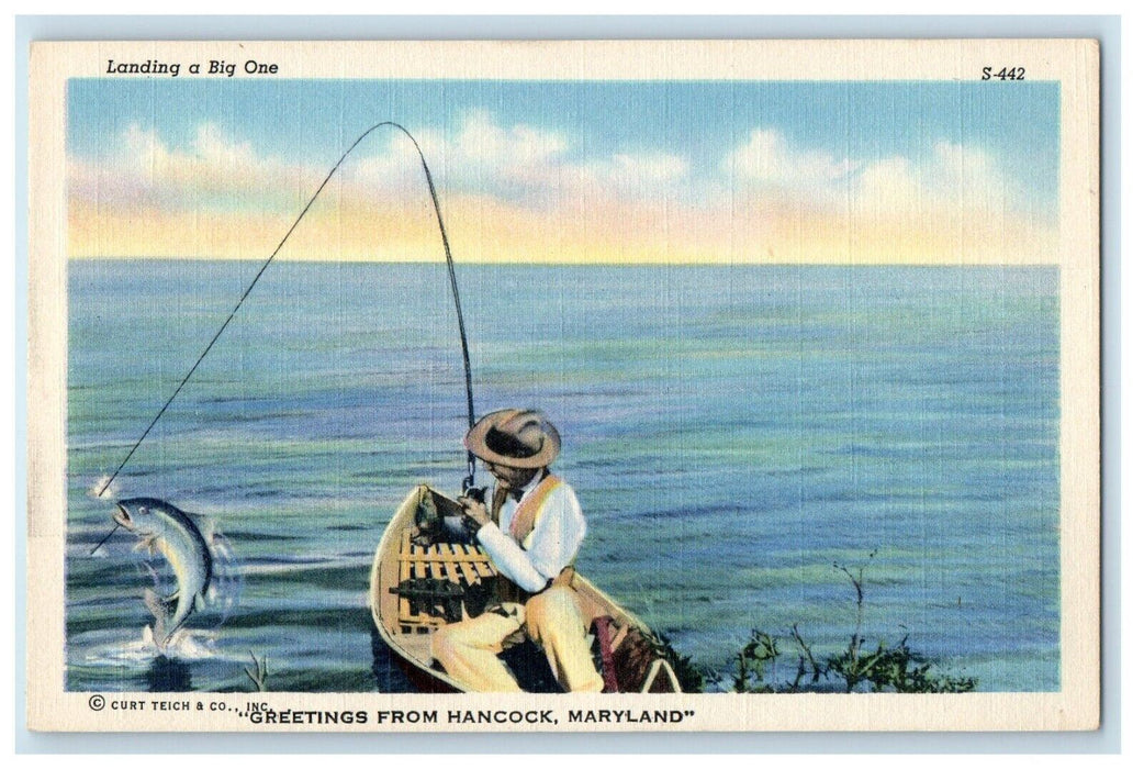 c1930's Greetings From Hancock MD, Landing A Big One Boy Catched Fish Postcard