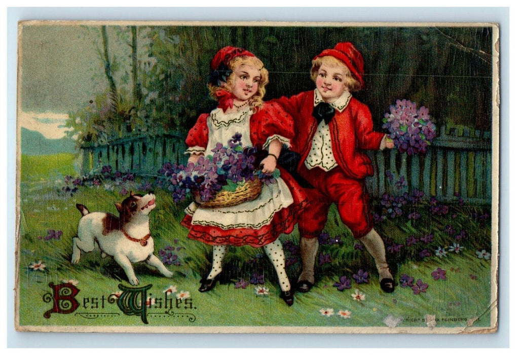 1912 Best Wishes Boy Girl Pansies Flowers Terrier Dog Chicago IL Posted Postcard