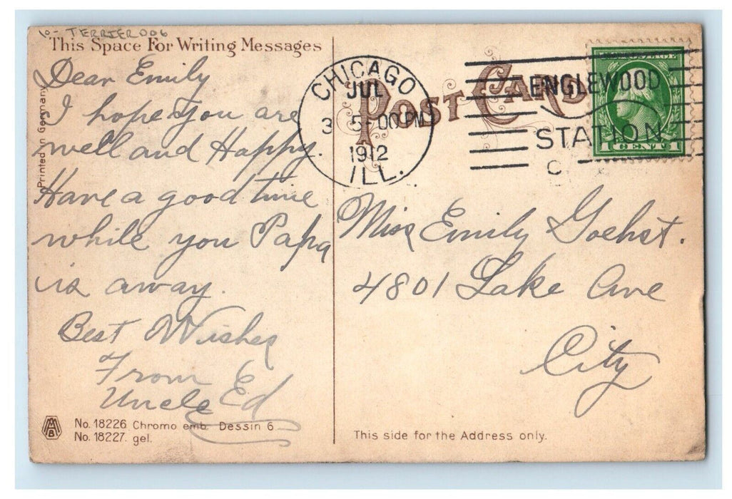 1912 Best Wishes Boy Girl Pansies Flowers Terrier Dog Chicago IL Posted Postcard