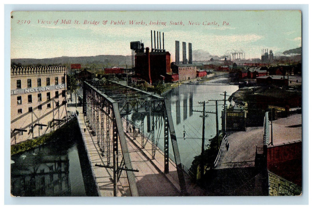 c1910 View of Mill St. Bridge & Public Works New Castle Pennsylvania PA Postcard