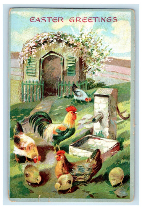 1909 Easter Greetings Rooster Chicken Hen Chicks Cage Posted Antique Postcard