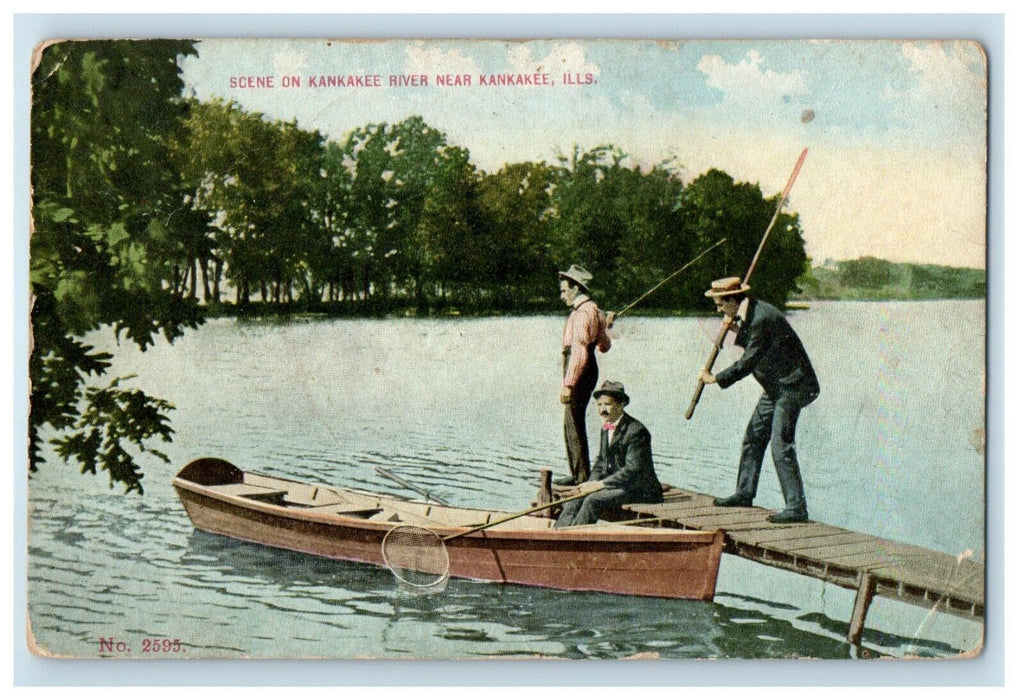 1921 Scene On Kankakee River  Near Kankakee Illinois IL, Fishing Boat Postcard