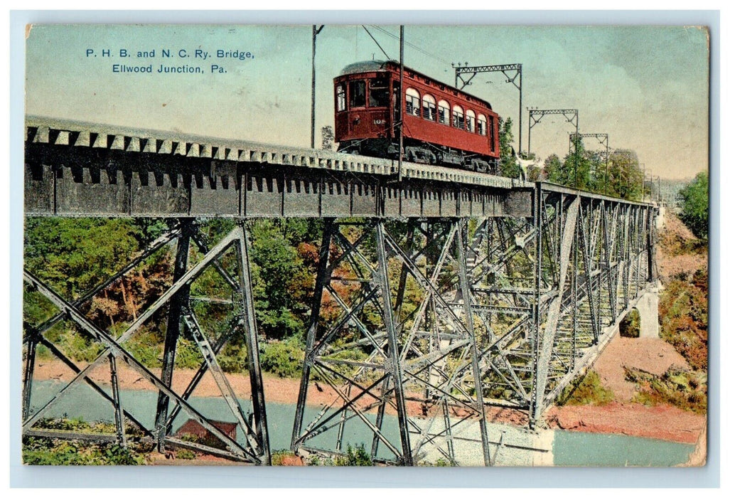 1912 P. H. B. And N. C. Ry Bridge Railroad Train Ellwood Junction PA Postcard