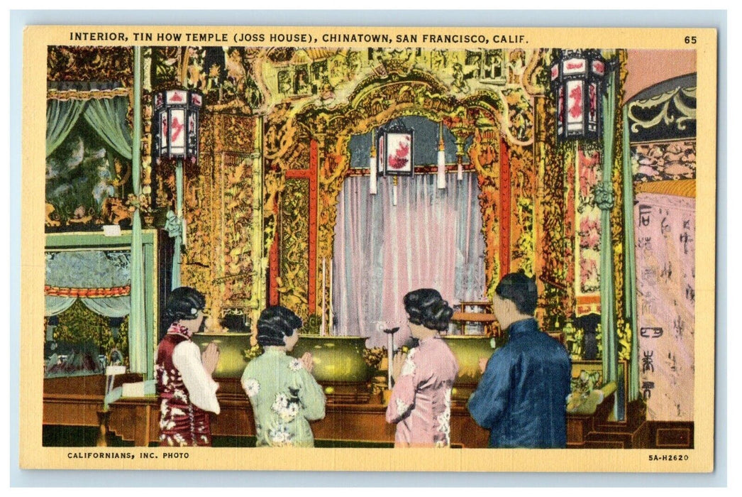 c1940 Interior Tin How Temple Chinatown San Francisco California CA Postcard