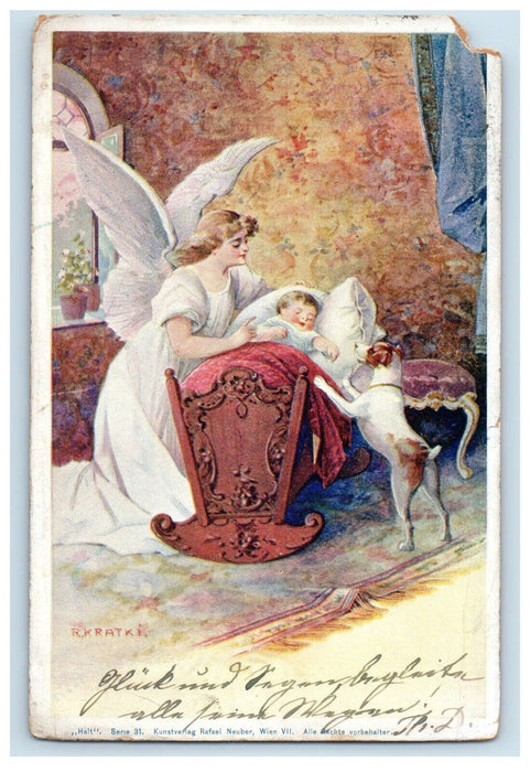 c1905 Sleeping Cute Baby With Girl Angel And Dog Posted Antique Postcard