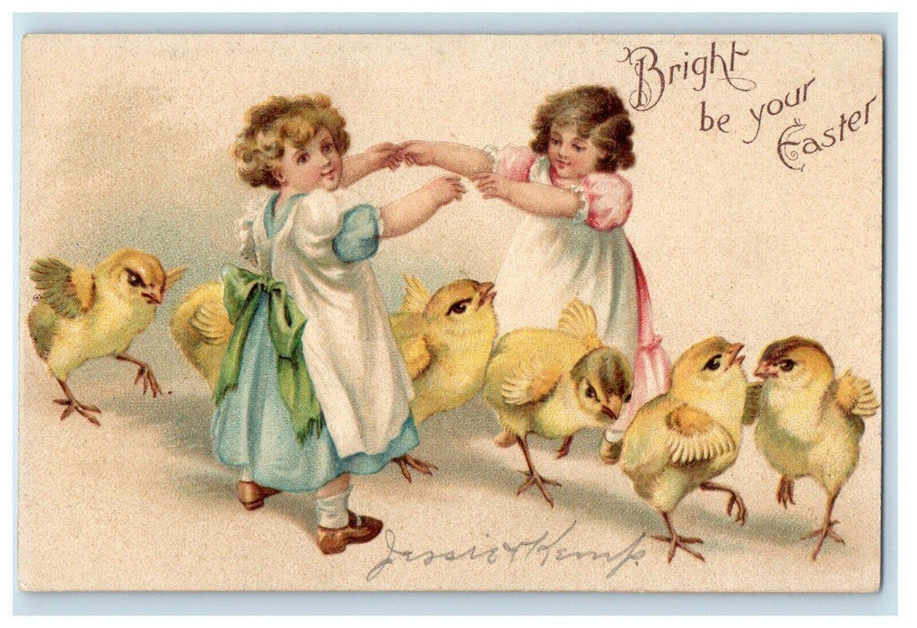 c1910's Easter Two Girls Playing With Chicks Embossed Unposted Antique Postcard