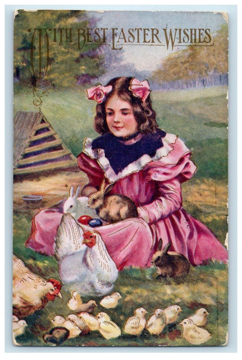 1910 Easter Wishes Girl Bunny Rabbits Egg Chickens Hen Chick Antique Postcard