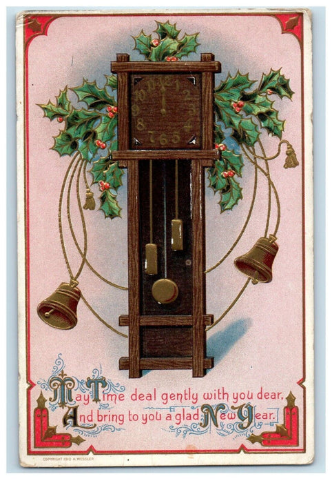 1911 New Year Holly Bells Ringing Grandfather Clock Embossed Antique Postcard