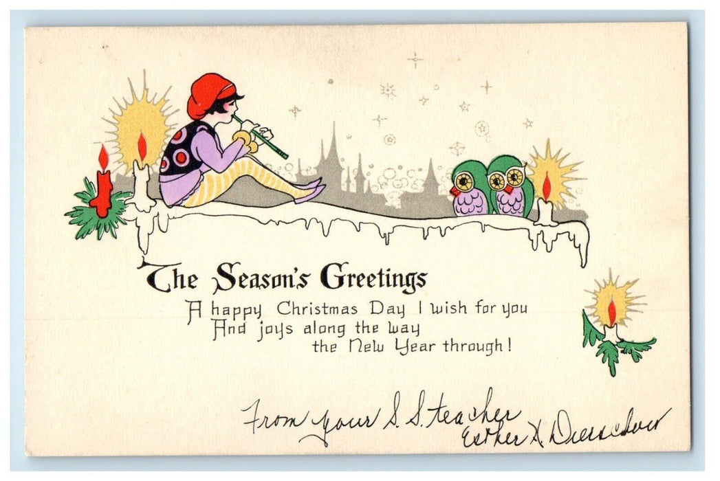c1905 Christmas Greetings Art Deco Girl Flute Owl Candles Antique Postcard