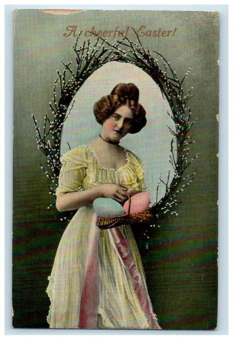 1912 Easter Eggs In Basket Victorian Girl Curly Hair Chicago IL Antique Postcard