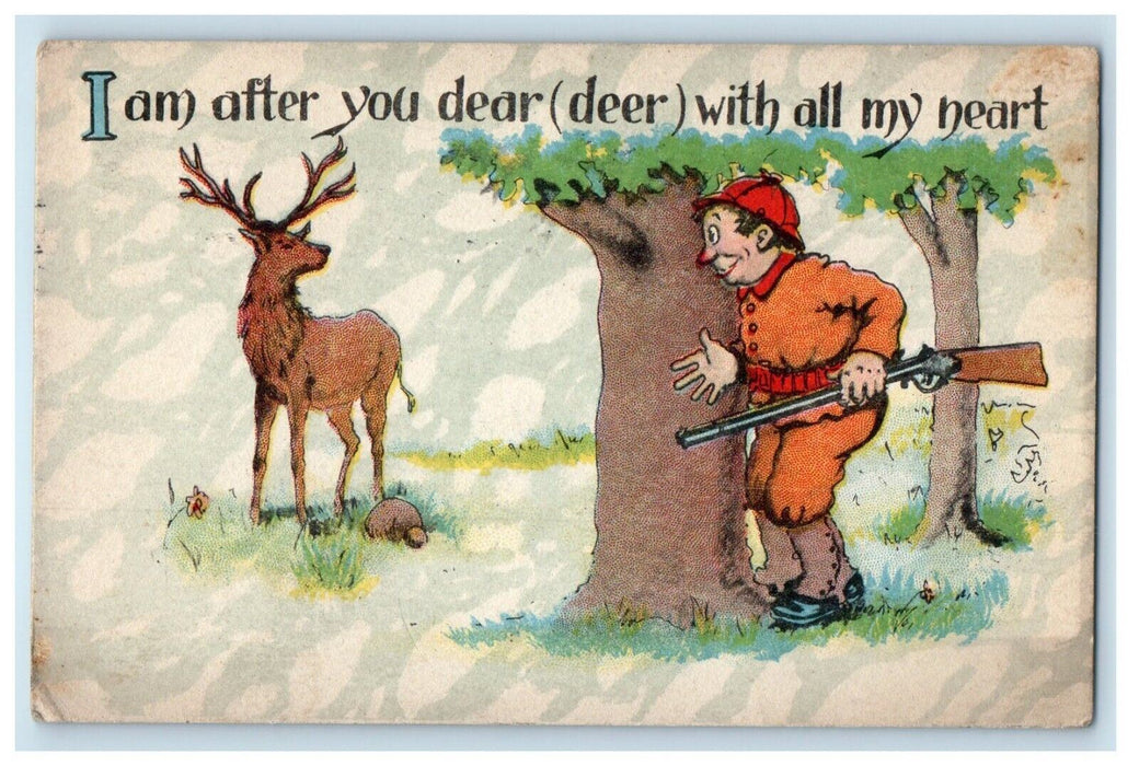 1915 Valentine Boy Hiding Tree Hunting Deer Rifle Gun Saint Joseph MI Postcard