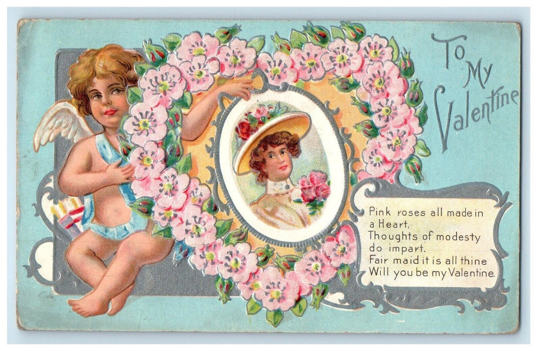 c1910's Valentine Angel Cherub Holding Frame Pink Roses Heart Embossed Postcard