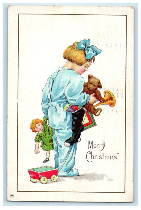 1913 Merry Christmas Girl With Wagon Bear Toys Trumpet Embossed Antique Postcard