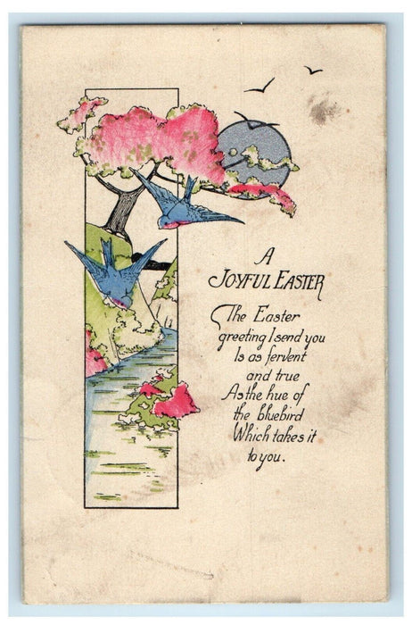 c1910's Easter Greetings Bluebird River Blossom Tree Posted Antique Postcard