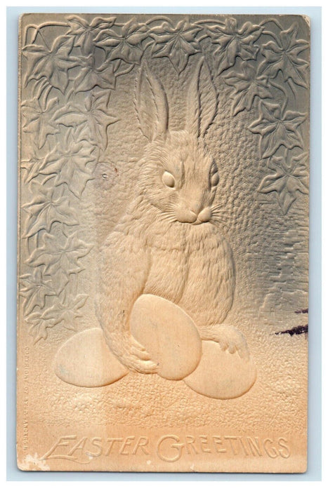 c1910's Easter Greetings Bunny Rabbit Egg Airbrushed Embossed Antique Postcard