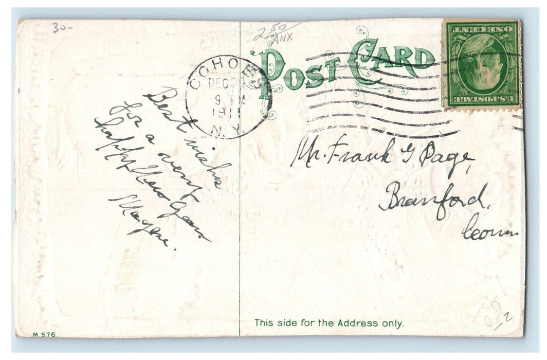1911 Greetings Of Jan 1st Polar Bear Holly Wreath Angel Cherub Airplane Postcard