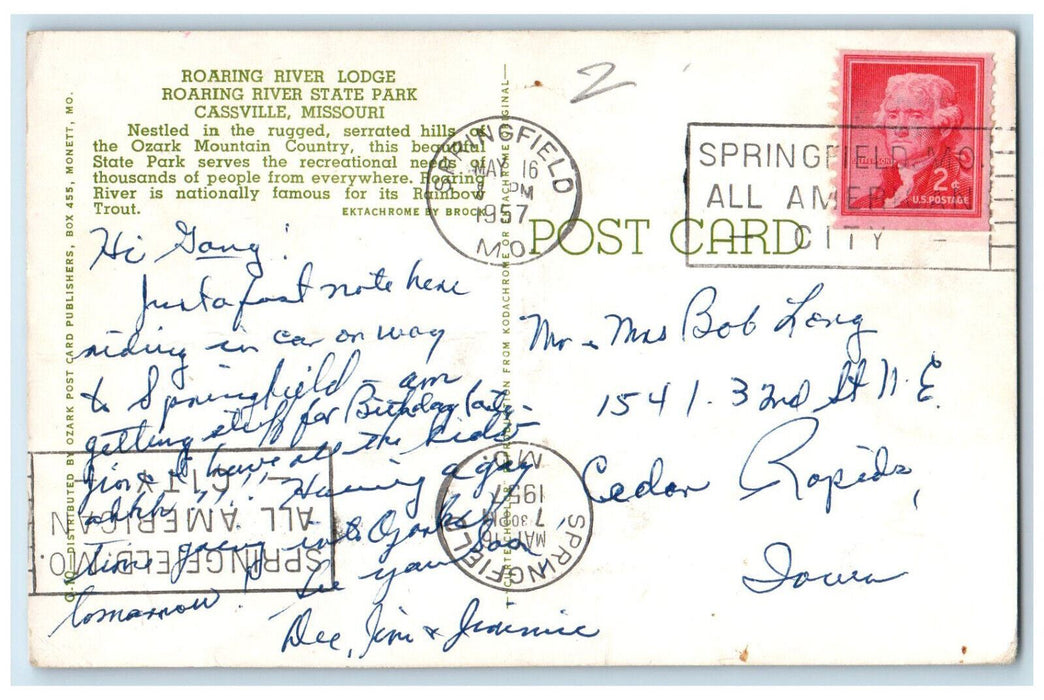 1957 Roaring River Lodge, Roaring River State Park, Cassville MO Postcard
