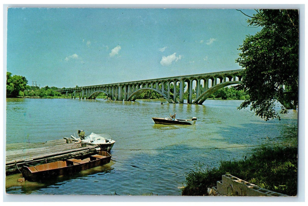 c1950's Boats, Highway 65 Bridge Across Lake of Ozarks Arm Warsaw MO Postcard