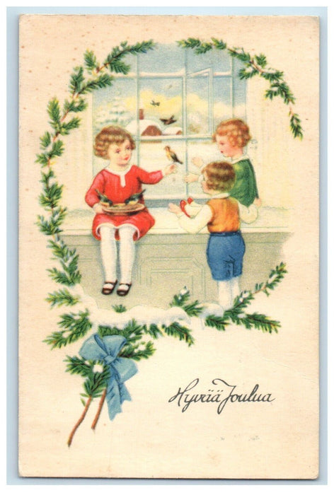 1949 Christmas Pine Cone Three Girls Feeding Birds Window Vintage Postcard